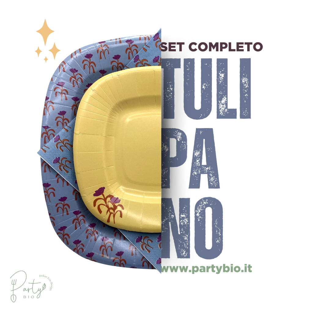 PartyBIO Tulipano, Set di Stoviglie Monouso biodegradabili per Feste con Piatti Carta, Bicchieri Carta, Tovaglioli.
