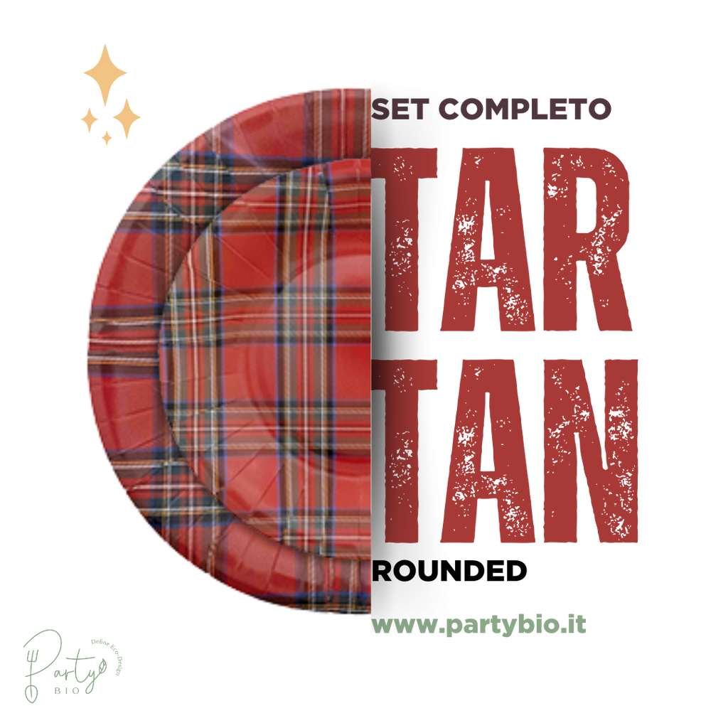 PartyBIO Tartan , Set di Stoviglie Monouso biodegradabili per Feste con Piatti Carta, Bicchieri Carta, Tovaglioli.