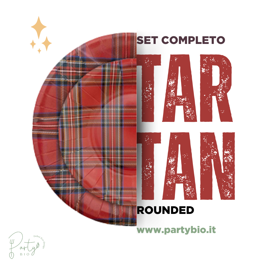 PartyBIO Tartan , Set di Stoviglie Monouso biodegradabili per Feste con Piatti Carta, Bicchieri Carta, Tovaglioli.