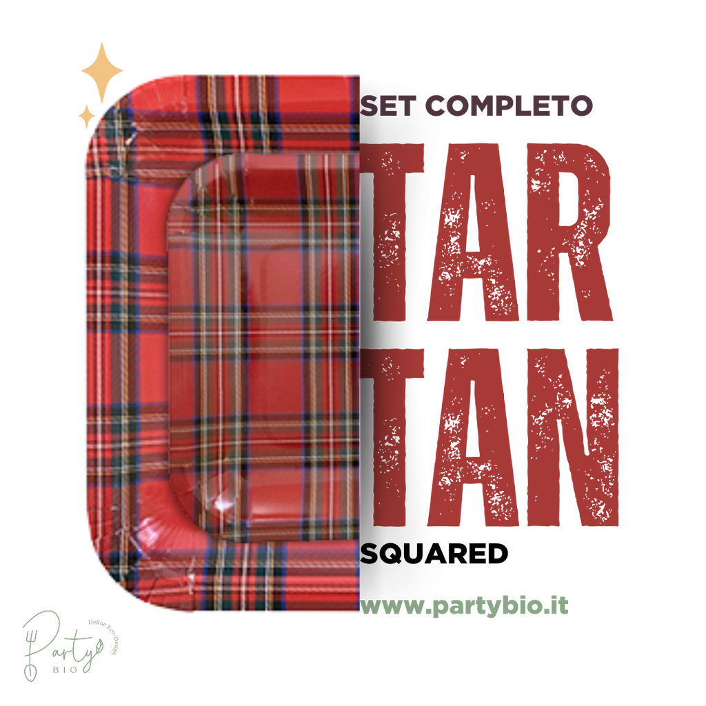 PartyBIO Tartan , Set di Stoviglie Monouso biodegradabili per Feste con Piatti Carta, Bicchieri Carta, Tovaglioli.