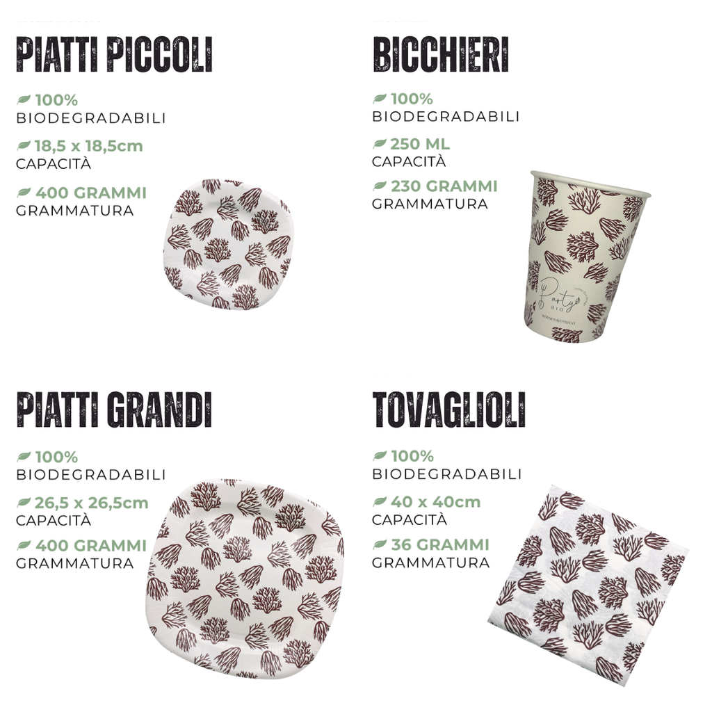 PartyBIO Corallo, Set di Stoviglie Monouso biodegradabili per Feste con Piatti Carta, Bicchieri Carta, Tovaglioli.