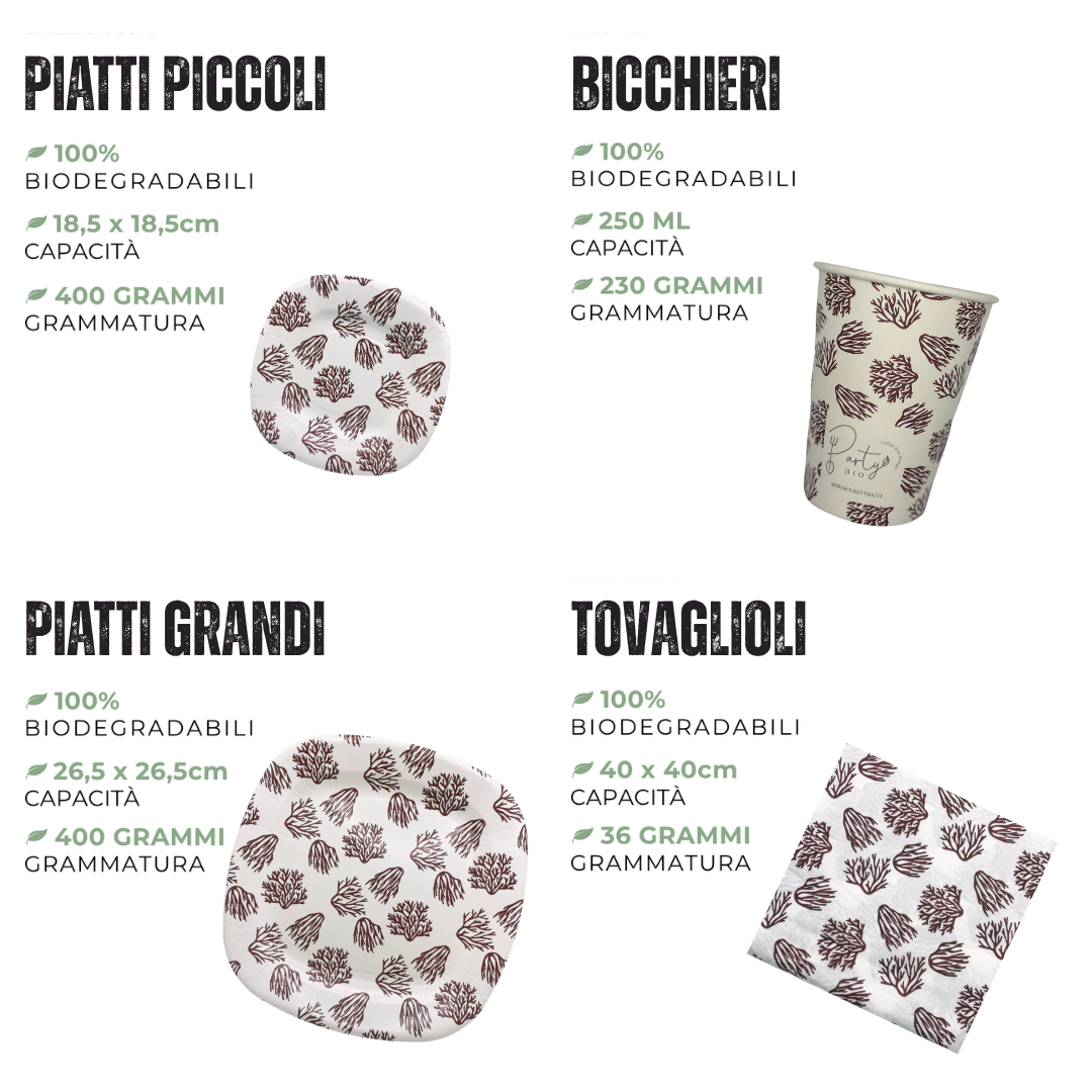 PartyBIO Corallo, Set di Stoviglie Monouso biodegradabili per Feste con Piatti Carta, Bicchieri Carta, Tovaglioli.