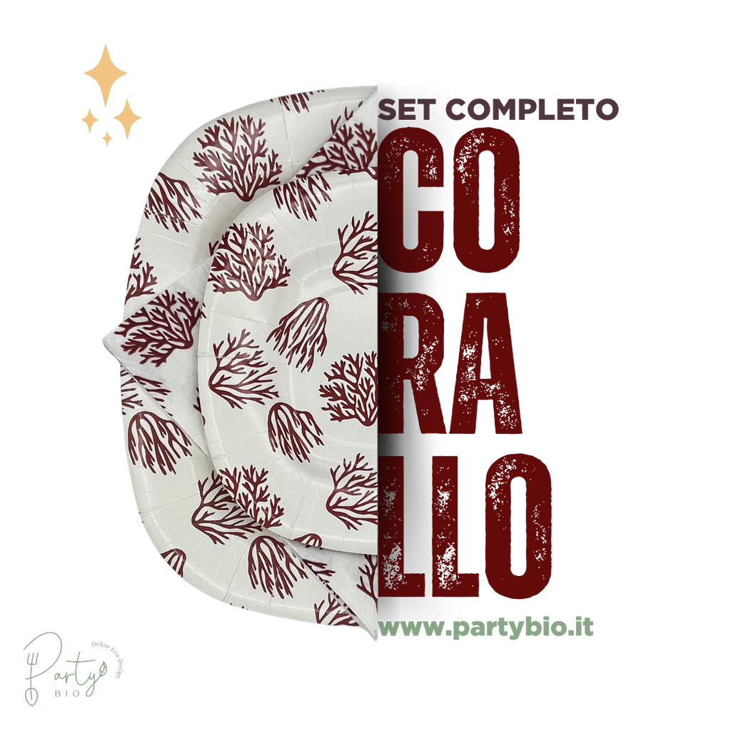 PartyBIO Corallo, Set di Stoviglie Monouso biodegradabili per Feste con Piatti Carta, Bicchieri Carta, Tovaglioli.