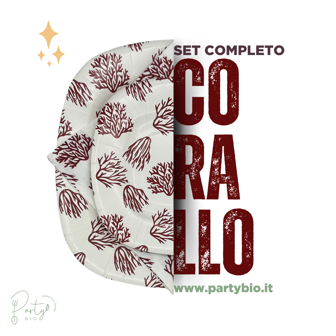 PartyBIO Corallo, Set di Stoviglie Monouso biodegradabili per Feste con Piatti Carta, Bicchieri Carta, Tovaglioli.