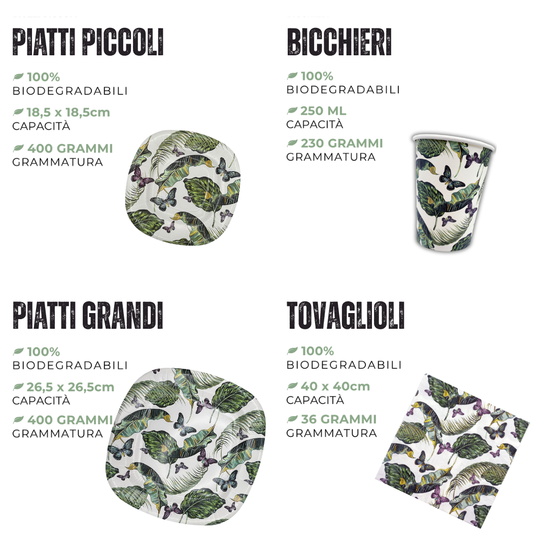 PartyBIO Farfalla , Set di Stoviglie Monouso biodegradabili per Feste con Piatti Carta, Bicchieri Carta, Tovaglioli.