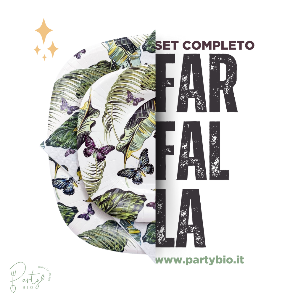 PartyBIO Farfalla , Set di Stoviglie Monouso biodegradabili per Feste con Piatti Carta, Bicchieri Carta, Tovaglioli.