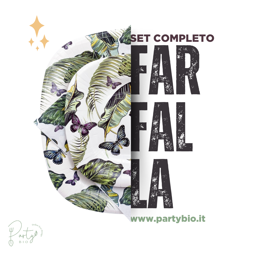 PartyBIO Farfalla , Set di Stoviglie Monouso biodegradabili per Feste con Piatti Carta, Bicchieri Carta, Tovaglioli.