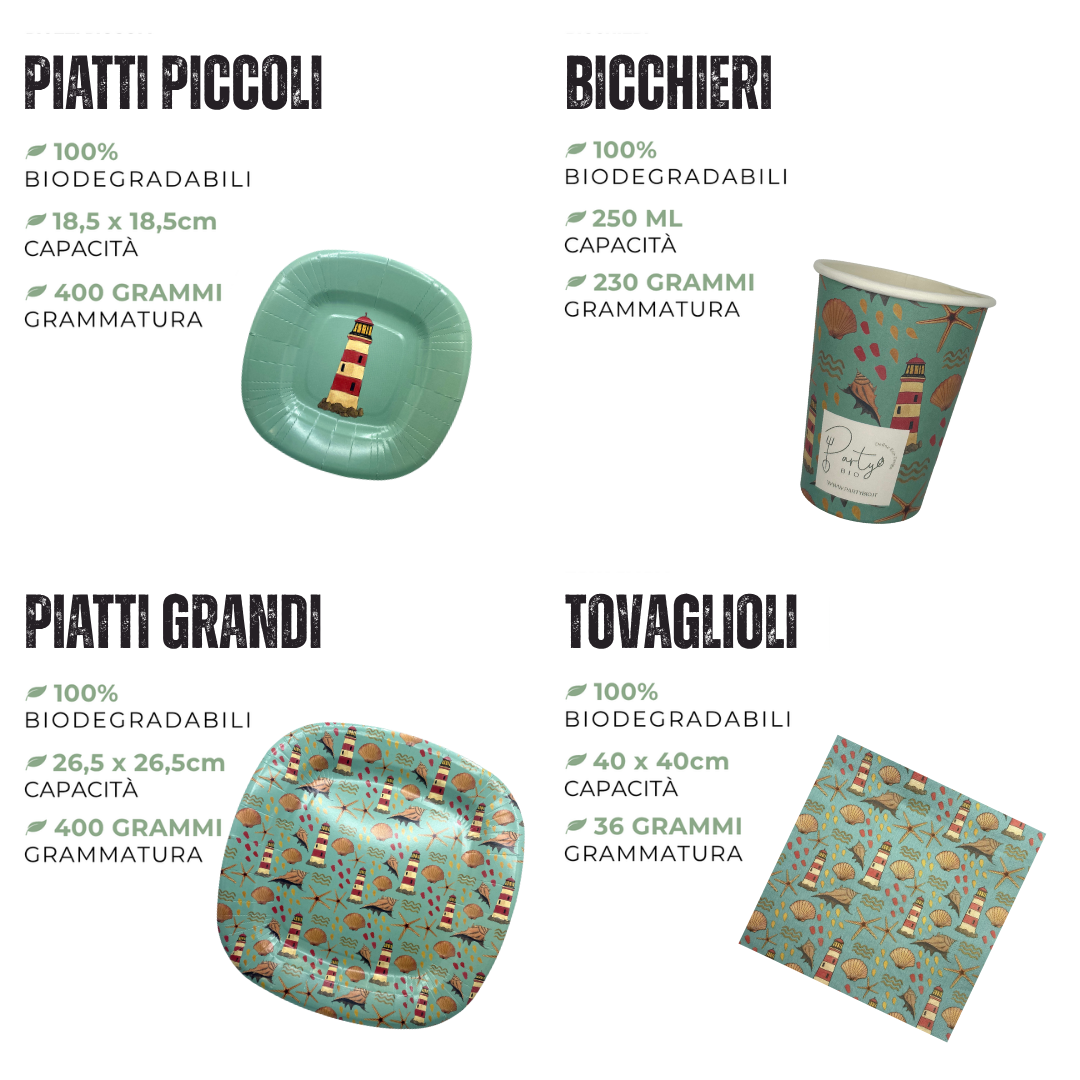 PartyBIO Faro, Set di Stoviglie Monouso biodegradabili per Feste con Piatti Carta, Bicchieri Carta, Tovaglioli.