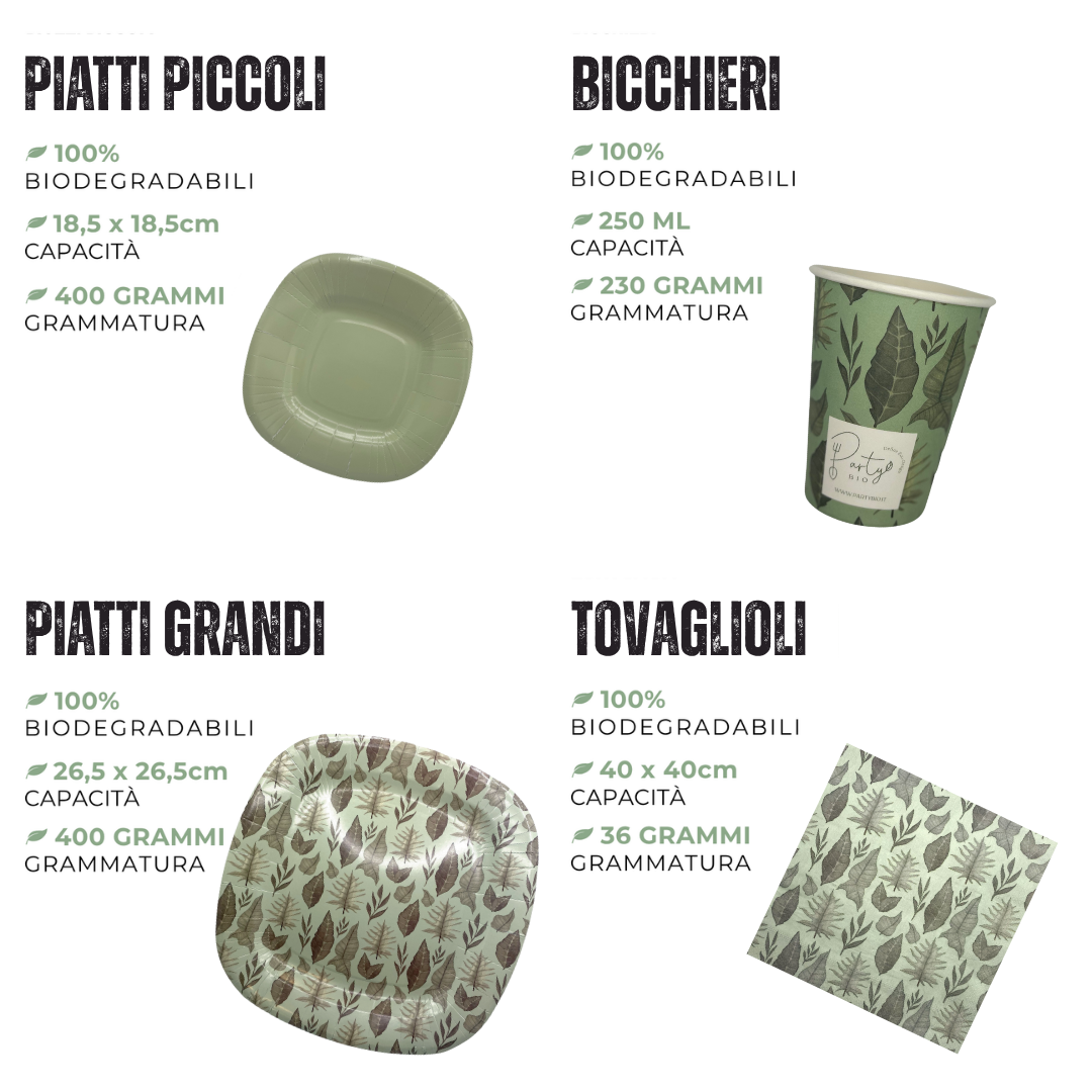 PartyBIO Foglie, Set di Stoviglie Monouso biodegradabili per Feste con Piatti Carta, Bicchieri Carta, Tovaglioli.