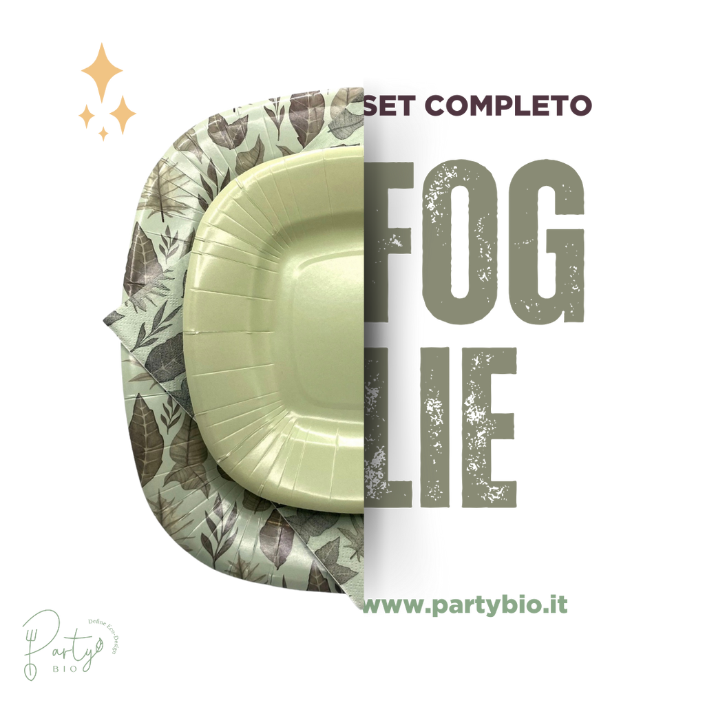 PartyBIO Foglie, Set di Stoviglie Monouso biodegradabili per Feste con Piatti Carta, Bicchieri Carta, Tovaglioli.