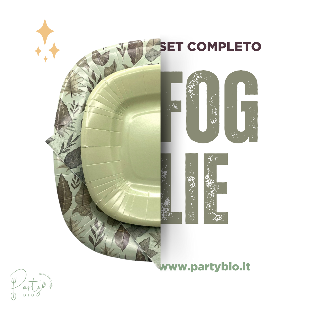 PartyBIO Foglie, Set di Stoviglie Monouso biodegradabili per Feste con Piatti Carta, Bicchieri Carta, Tovaglioli.
