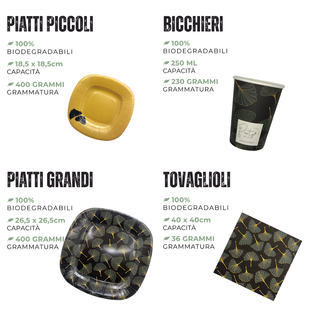 PartyBIO Ginko, Set di Stoviglie Monouso biodegradabili per Feste con Piatti Carta, Bicchieri Carta, Tovaglioli.