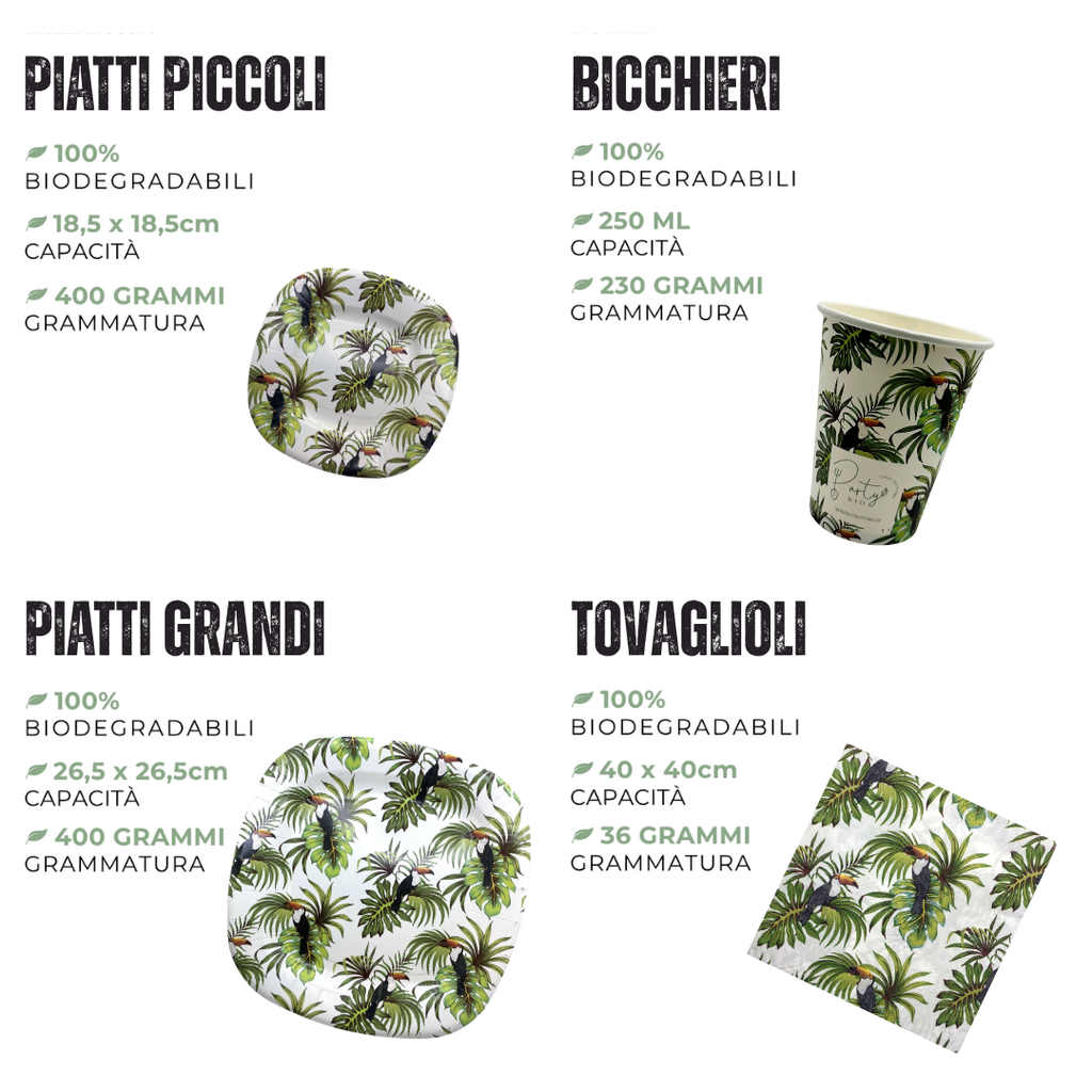 PartyBIO Giungla, Set di Stoviglie Monouso biodegradabili per Feste con Piatti Carta, Bicchieri Carta, Tovaglioli.