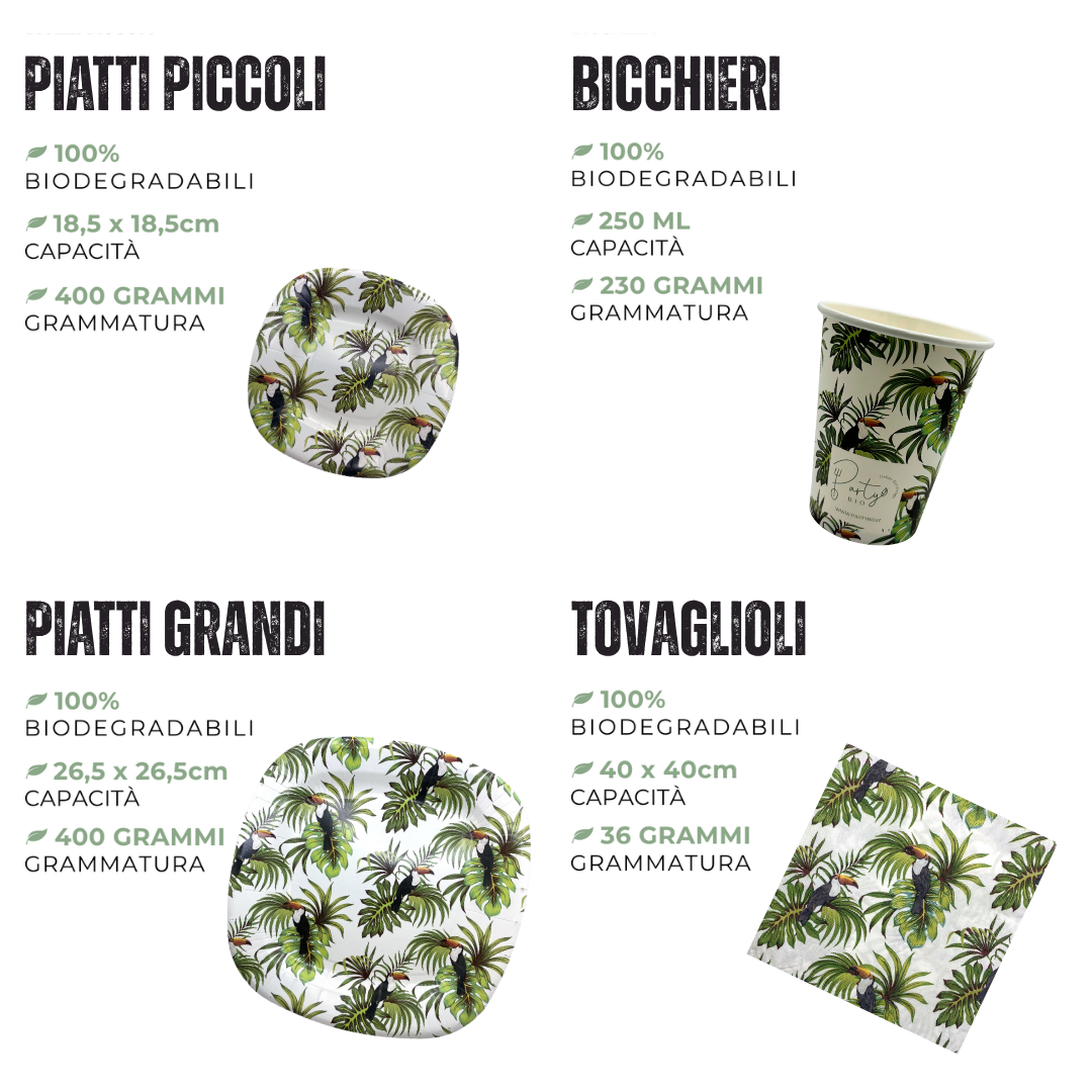 PartyBIO Giungla, Set di Stoviglie Monouso biodegradabili per Feste con Piatti Carta, Bicchieri Carta, Tovaglioli.