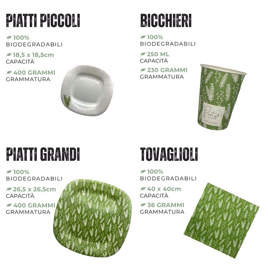 PartyBIO, Grano di Stoviglie Monouso biodegradabili per Feste con Piatti Carta, Bicchieri Carta, Tovaglioli.
