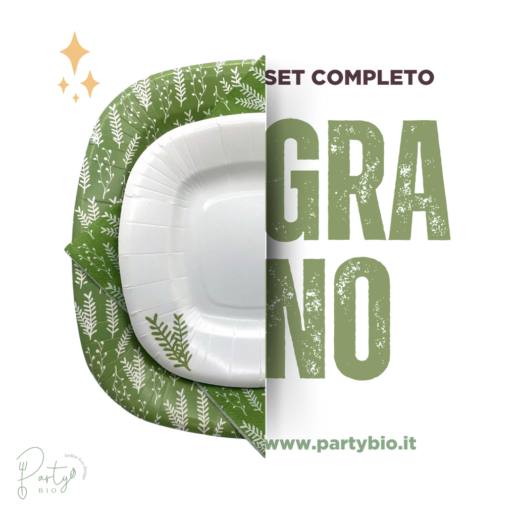 PartyBIO, Grano di Stoviglie Monouso biodegradabili per Feste con Piatti Carta, Bicchieri Carta, Tovaglioli.