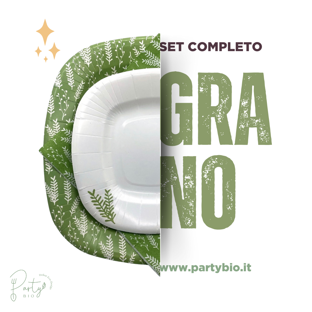 PartyBIO, Grano di Stoviglie Monouso biodegradabili per Feste con Piatti Carta, Bicchieri Carta, Tovaglioli.
