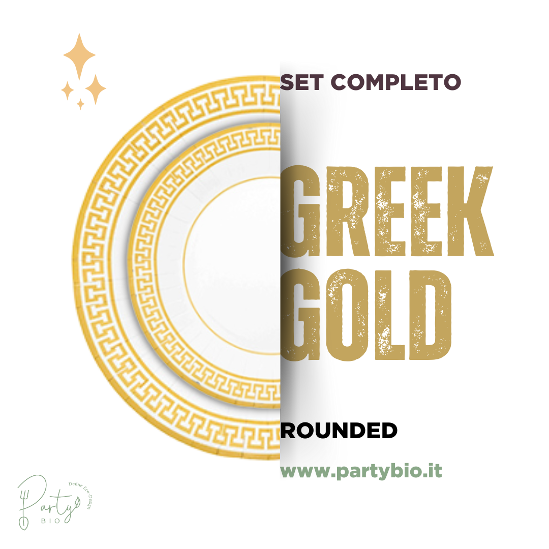 PartyBIO Greek Gold, Set di Stoviglie Monouso biodegradabili per Feste con Piatti Carta, Bicchieri Carta, Tovaglioli.