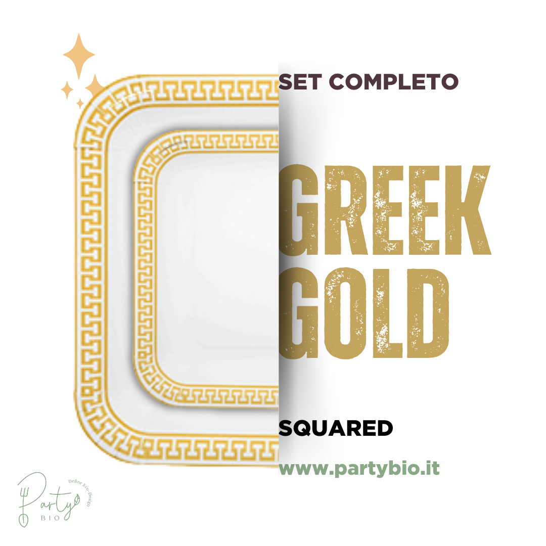 PartyBIO Greek Gold, Set di Stoviglie Monouso biodegradabili per Feste con Piatti Carta, Bicchieri Carta, Tovaglioli.