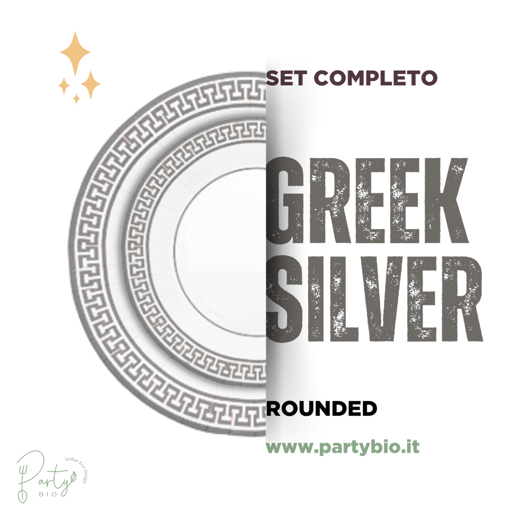 PartyBIO Greek Silver , Set di Stoviglie Monouso biodegradabili per Feste con Piatti Carta, Bicchieri Carta, Tovaglioli.