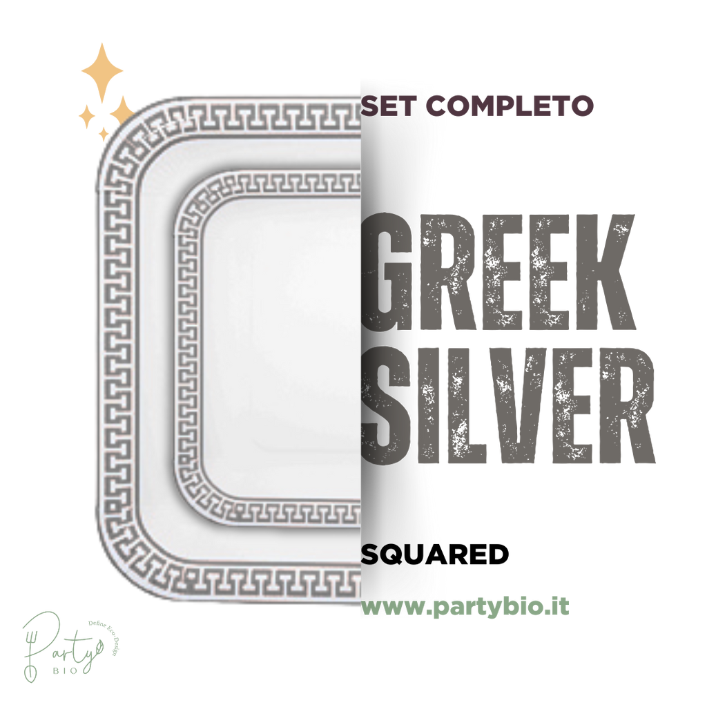 PartyBIO Greek Silver , Set di Stoviglie Monouso biodegradabili per Feste con Piatti Carta, Bicchieri Carta, Tovaglioli.
