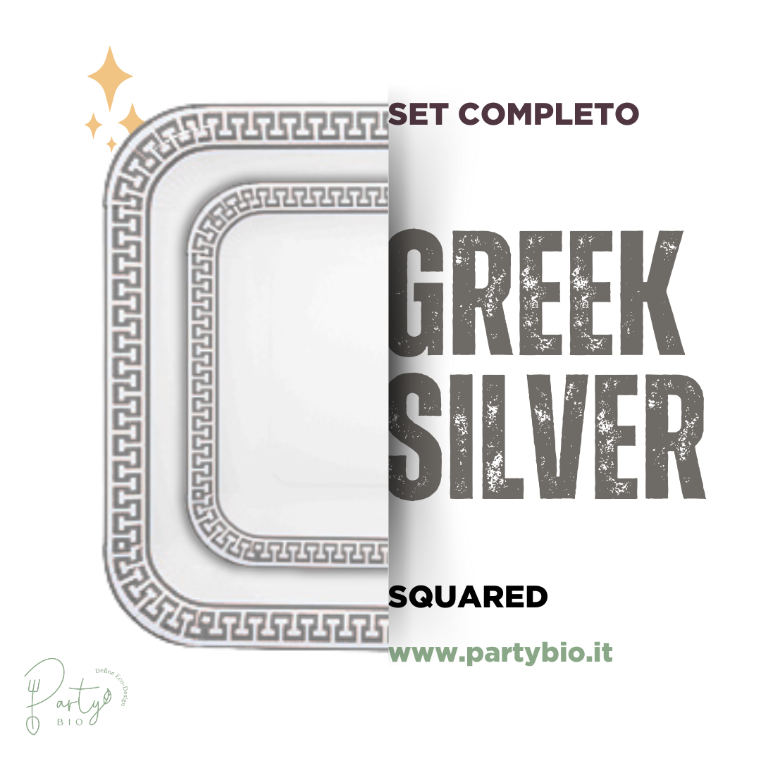 PartyBIO Greek Silver , Set di Stoviglie Monouso biodegradabili per Feste con Piatti Carta, Bicchieri Carta, Tovaglioli.