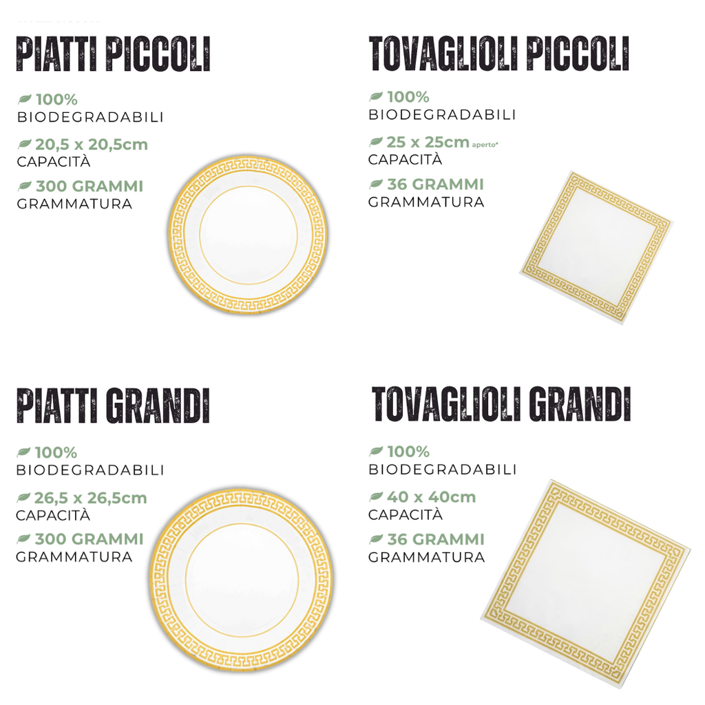 PartyBIO Greek Gold, Set di Stoviglie Monouso biodegradabili per Feste con Piatti Carta, Bicchieri Carta, Tovaglioli.
