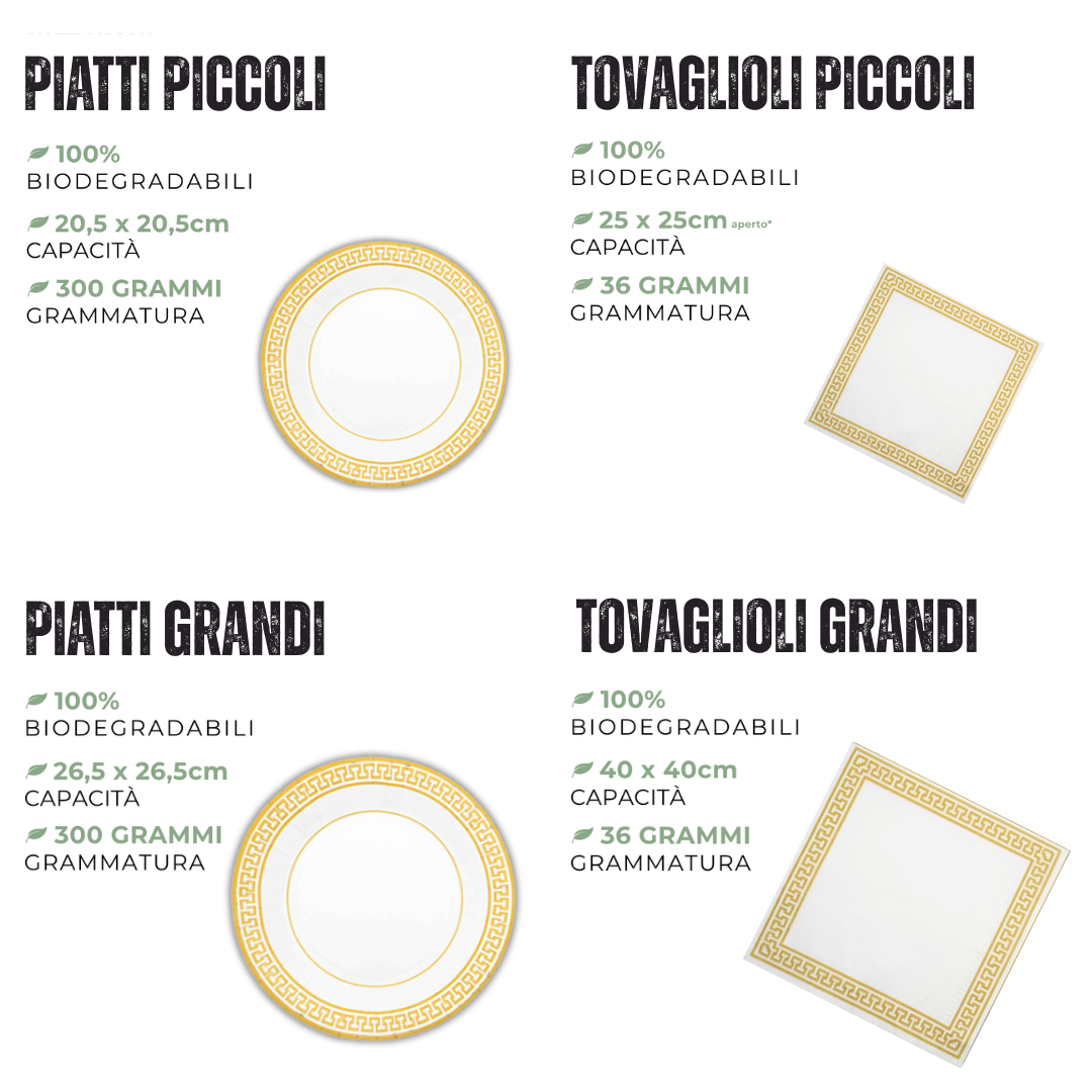 PartyBIO Greek Gold, Set di Stoviglie Monouso biodegradabili per Feste con Piatti Carta, Bicchieri Carta, Tovaglioli.