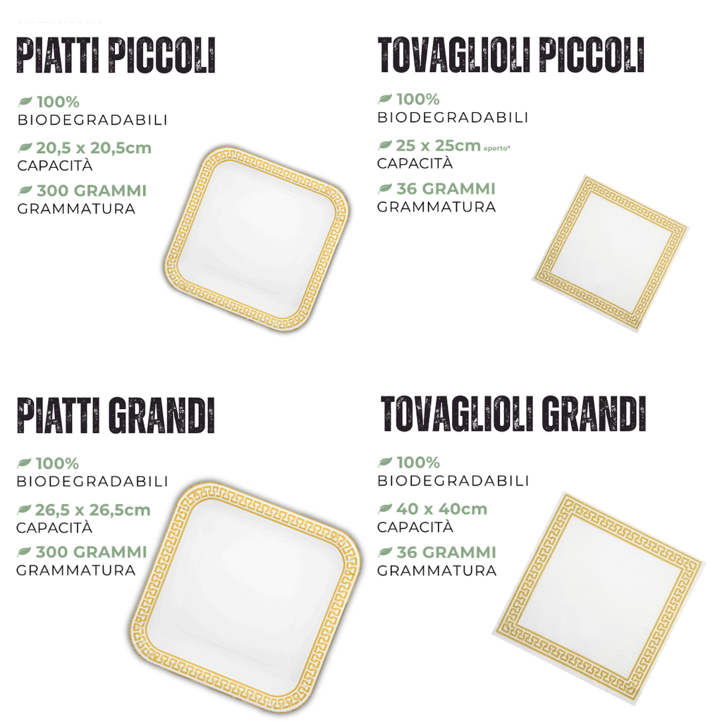 PartyBIO Greek Gold, Set di Stoviglie Monouso biodegradabili per Feste con Piatti Carta, Bicchieri Carta, Tovaglioli.
