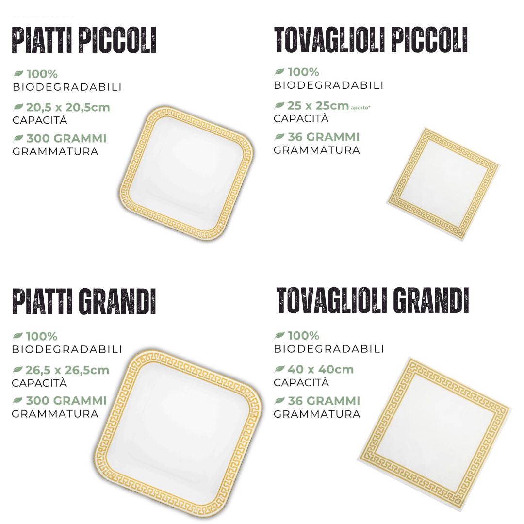 PartyBIO Greek Gold, Set di Stoviglie Monouso biodegradabili per Feste con Piatti Carta, Bicchieri Carta, Tovaglioli.