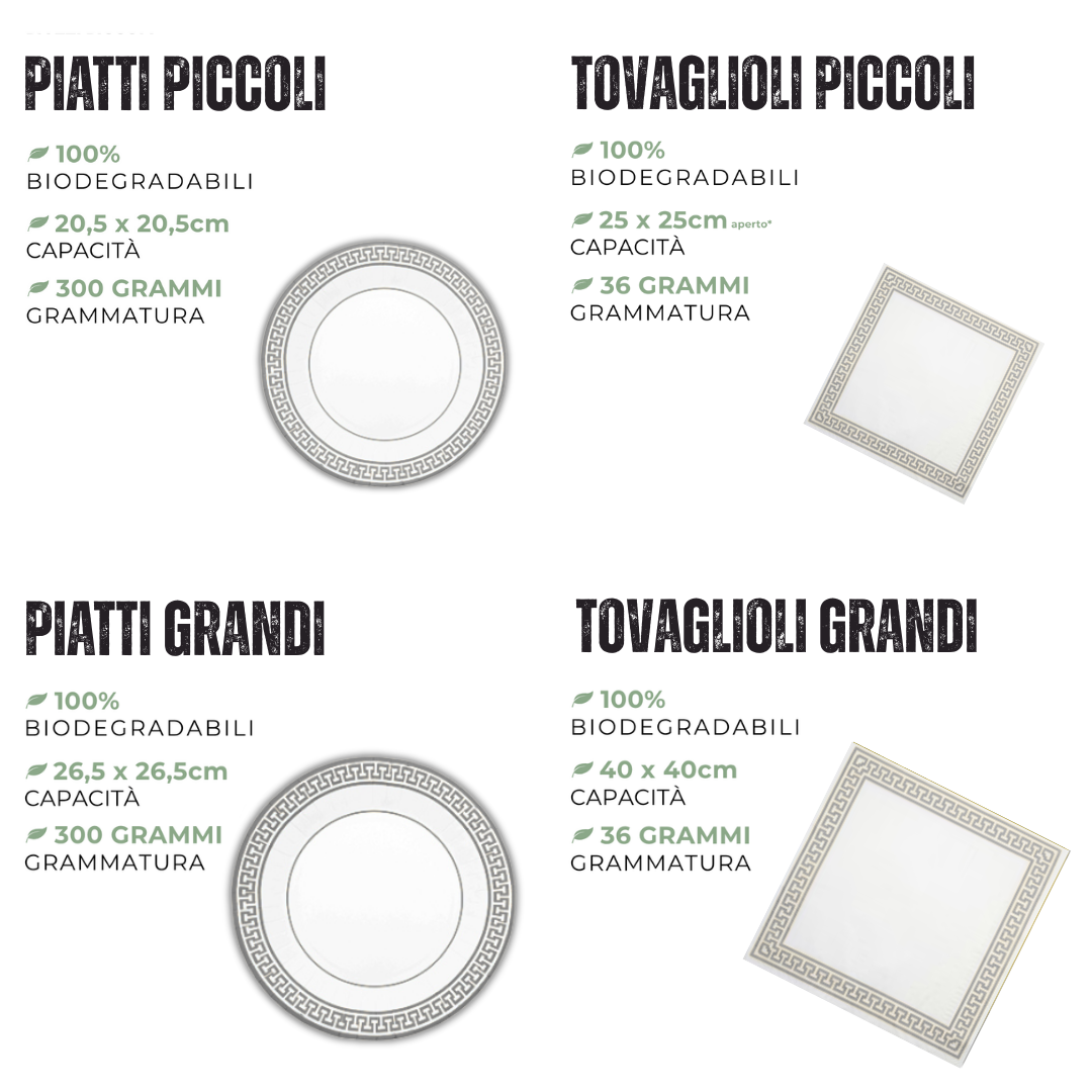 PartyBIO Greek Silver , Set di Stoviglie Monouso biodegradabili per Feste con Piatti Carta, Bicchieri Carta, Tovaglioli.