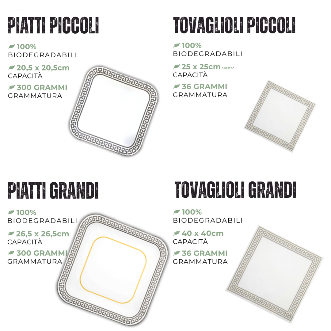 PartyBIO Greek Silver , Set di Stoviglie Monouso biodegradabili per Feste con Piatti Carta, Bicchieri Carta, Tovaglioli.