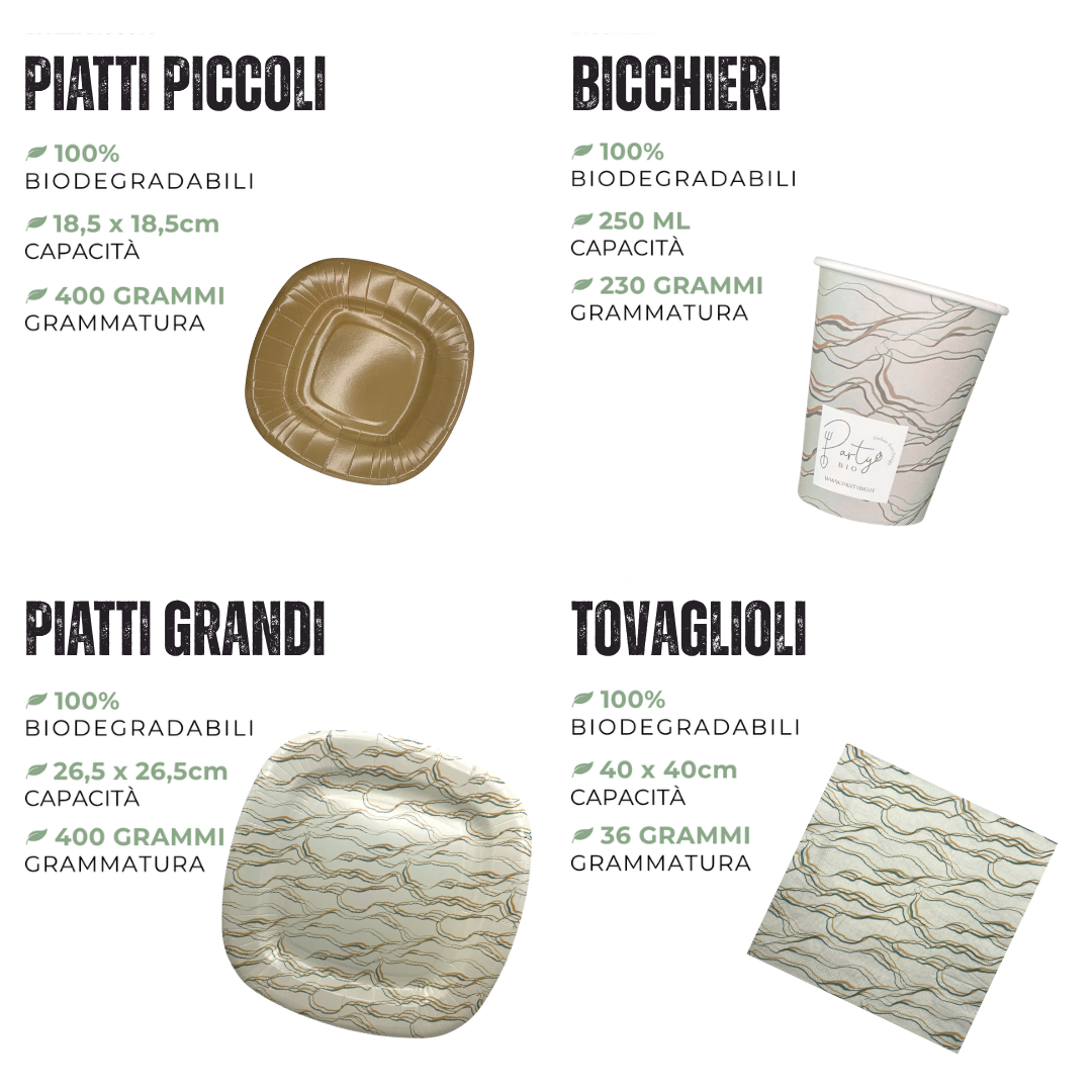 PartyBIO Marmo, Set di Stoviglie Monouso biodegradabili per Feste con Piatti Carta, Bicchieri Carta, Tovaglioli.