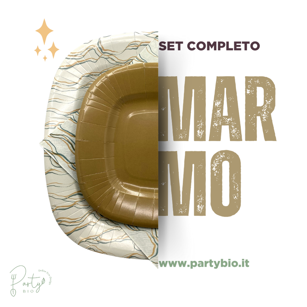 PartyBIO Marmo, Set di Stoviglie Monouso biodegradabili per Feste con Piatti Carta, Bicchieri Carta, Tovaglioli.