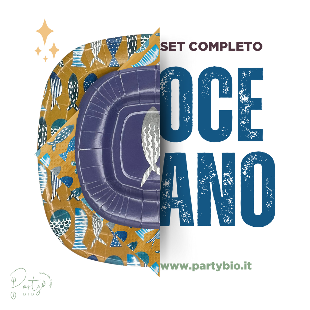 PartyBIO Oceano, Set di Stoviglie Monouso biodegradabili per Feste con Piatti Carta, Bicchieri Carta, Tovaglioli.