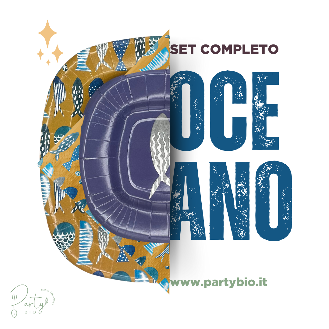 PartyBIO Oceano, Set di Stoviglie Monouso biodegradabili per Feste con Piatti Carta, Bicchieri Carta, Tovaglioli.