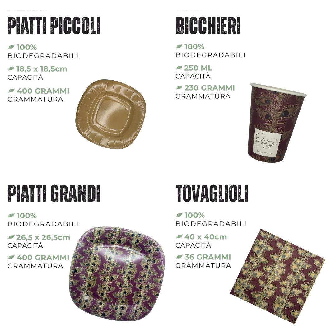 PartyBIO Pavone, Set di Stoviglie Monouso biodegradabili per Feste con Piatti Carta, Bicchieri Carta, Tovaglioli.