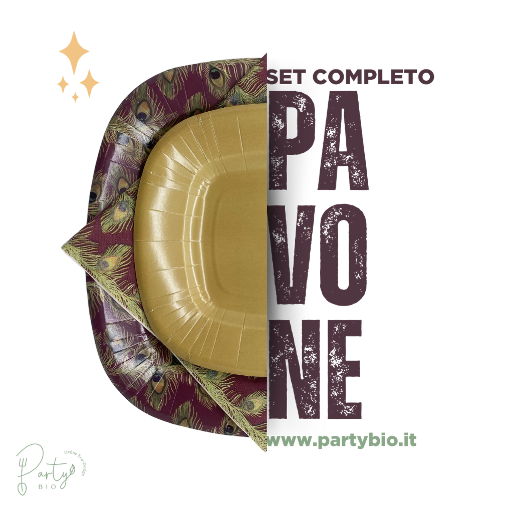 PartyBIO Pavone, Set di Stoviglie Monouso biodegradabili per Feste con Piatti Carta, Bicchieri Carta, Tovaglioli.
