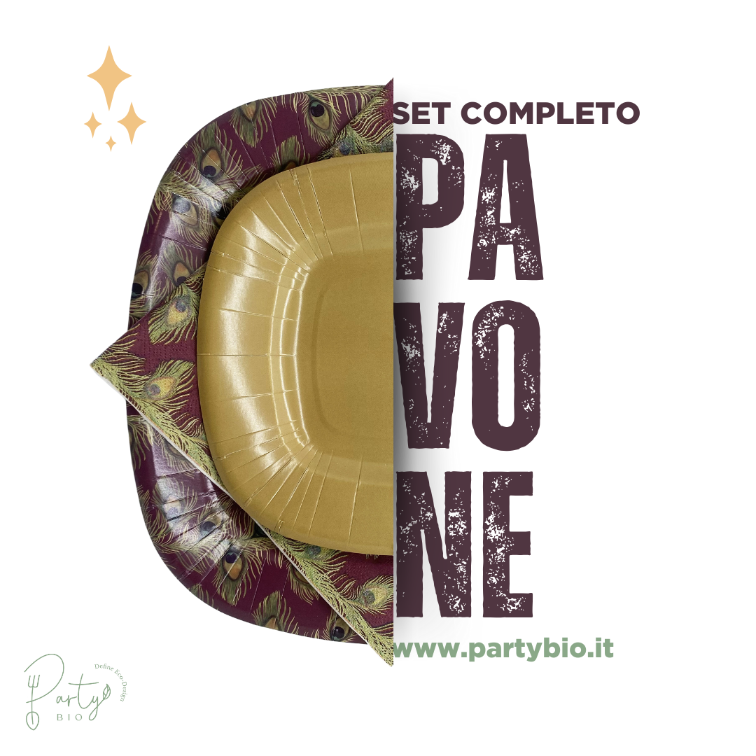 PartyBIO Pavone, Set di Stoviglie Monouso biodegradabili per Feste con Piatti Carta, Bicchieri Carta, Tovaglioli.