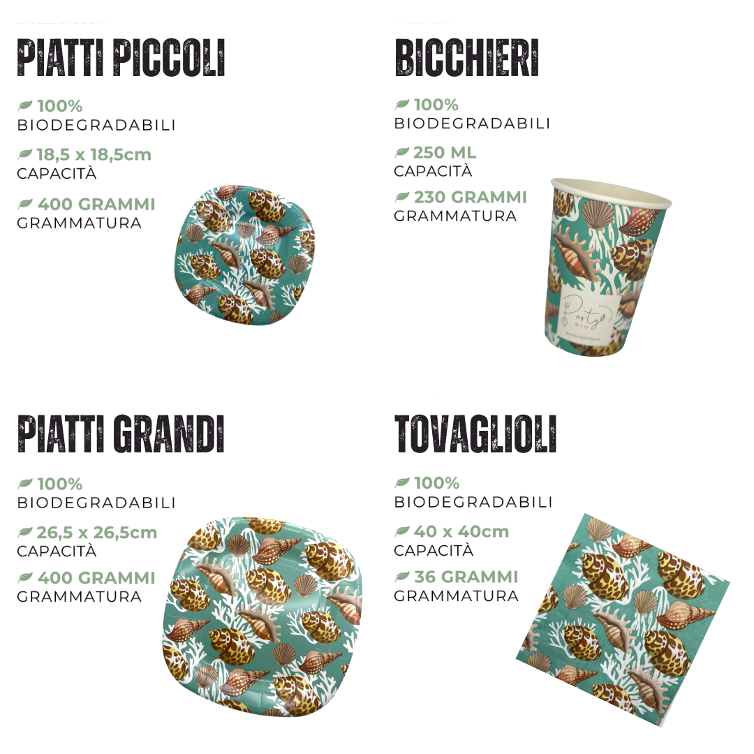 PartyBIO Perle Marine, Set di Stoviglie Monouso biodegradabili per Feste con Piatti Carta, Bicchieri Carta, Tovaglioli.