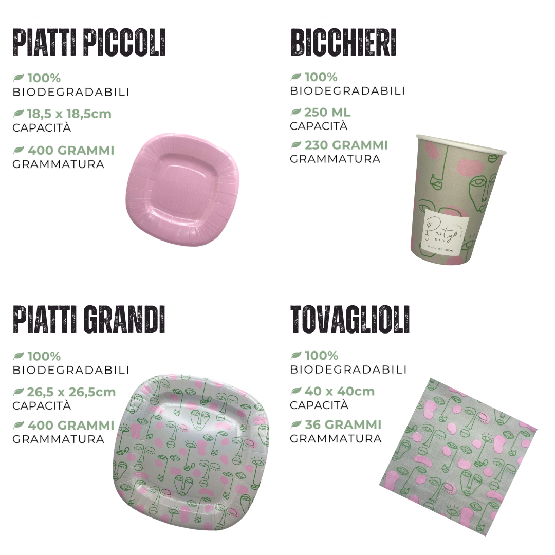 PartyBIO Pop, Set di Stoviglie Monouso biodegradabili per Feste con Piatti Carta, Bicchieri Carta, Tovaglioli.