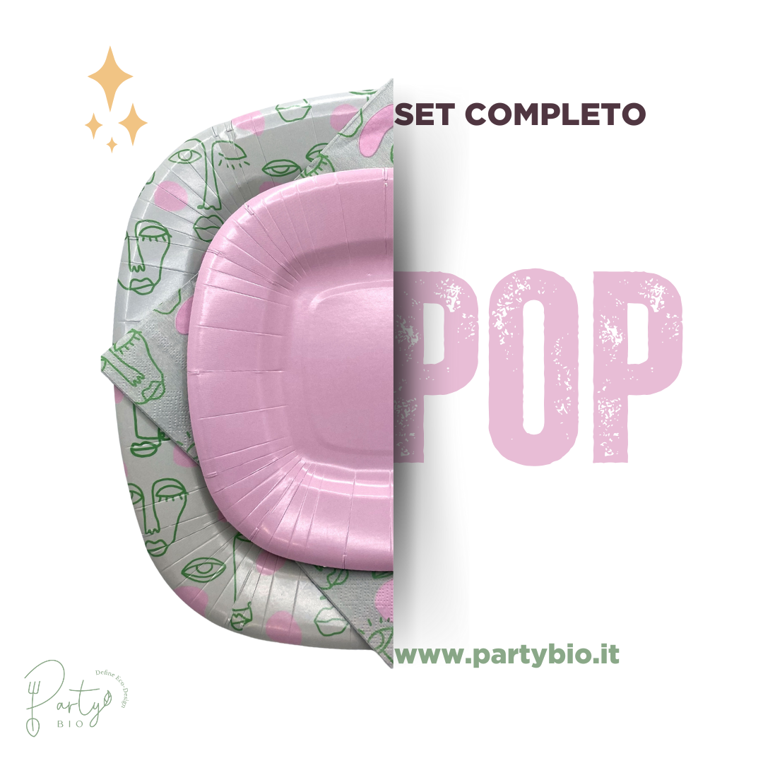 PartyBIO Pop, Set di Stoviglie Monouso biodegradabili per Feste con Piatti Carta, Bicchieri Carta, Tovaglioli.