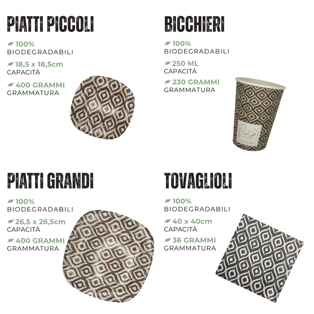 PartyBIO Tribal Chic, Set di Stoviglie Monouso biodegradabili per Feste con Piatti Carta, Bicchieri Carta, Tovaglioli.