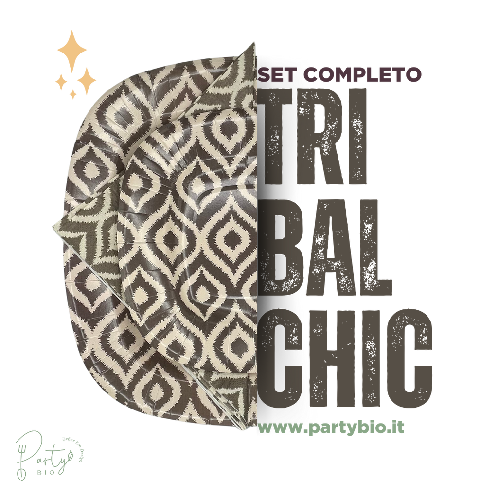 PartyBIO Tribal Chic, Set di Stoviglie Monouso biodegradabili per Feste con Piatti Carta, Bicchieri Carta, Tovaglioli.