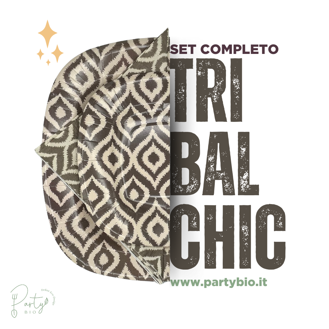 PartyBIO Tribal Chic, Set di Stoviglie Monouso biodegradabili per Feste con Piatti Carta, Bicchieri Carta, Tovaglioli.