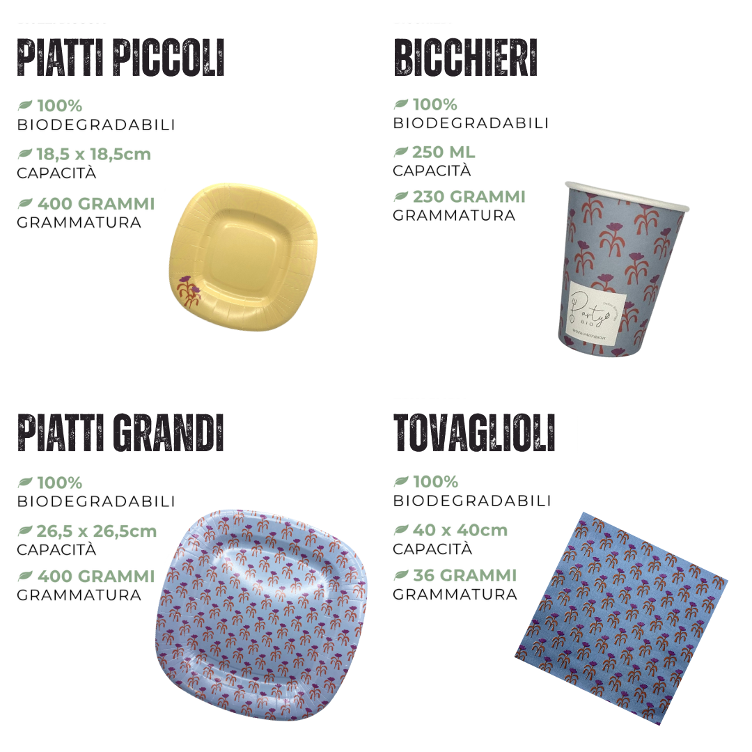 PartyBIO Tulipano, Set di Stoviglie Monouso biodegradabili per Feste con Piatti Carta, Bicchieri Carta, Tovaglioli.