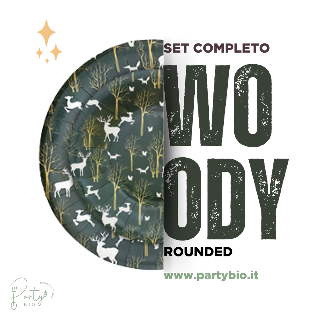 PartyBIO Woody , Set di Stoviglie Monouso biodegradabili per Feste con Piatti Carta, Bicchieri Carta, Tovaglioli.