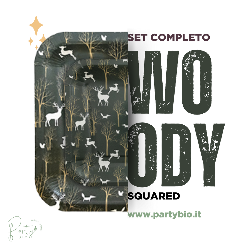 PartyBIO Woody , Set di Stoviglie Monouso biodegradabili per Feste con Piatti Carta, Bicchieri Carta, Tovaglioli.